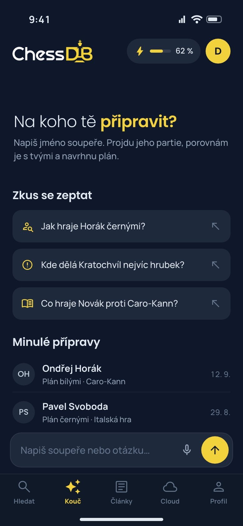 Aplikace ChessDB — obrazovka AI kouče „Na koho tě připravit?“